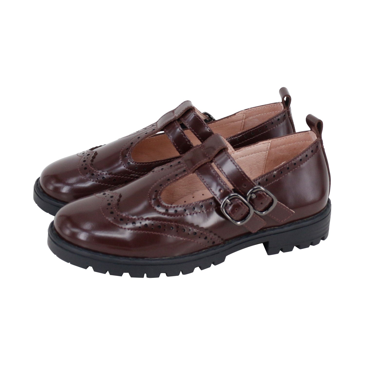 Burgundy Double T Strap Bulky Sole